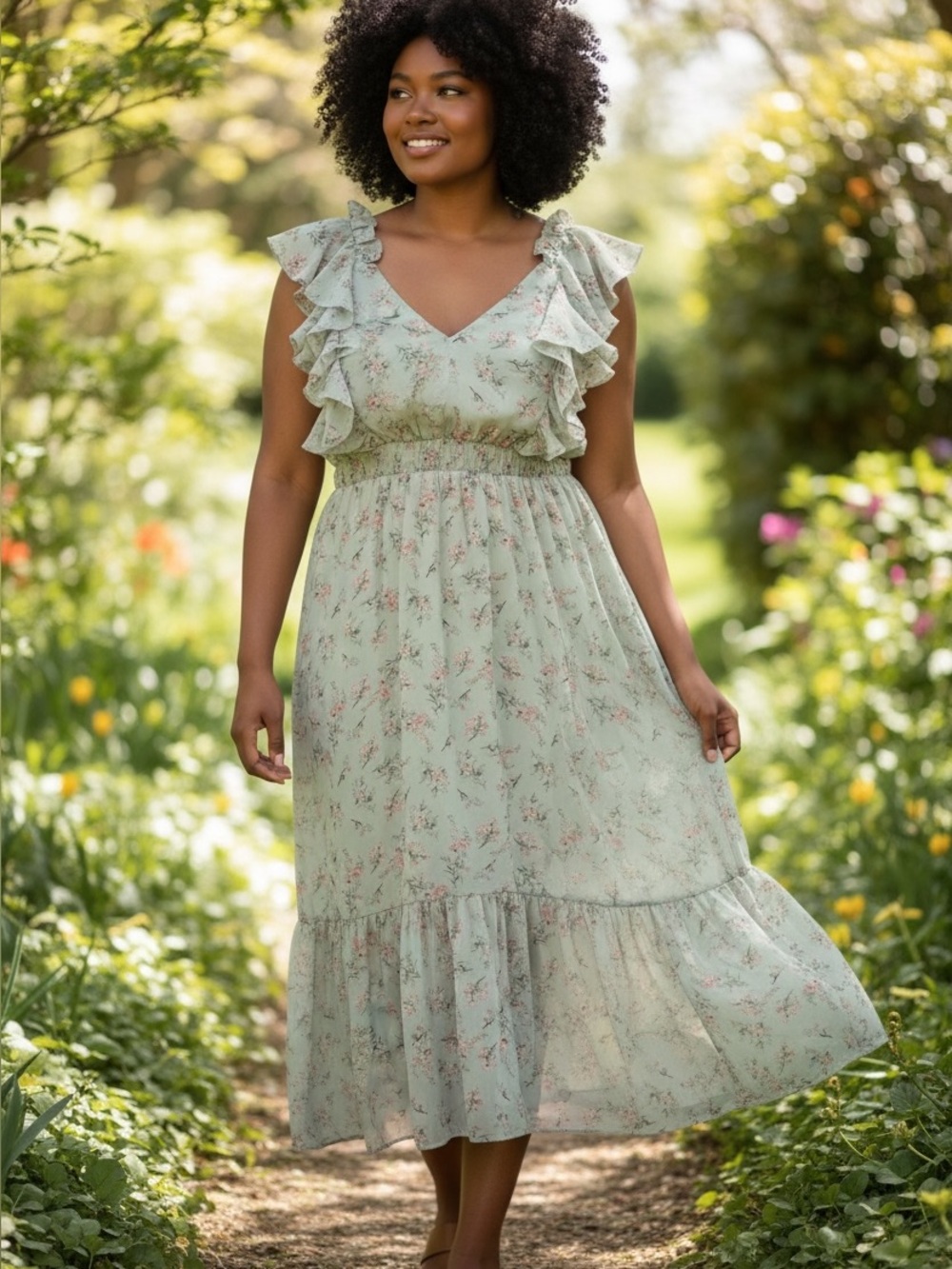 Dex Ruffled Floral Midi Dress in Light Mint - Women's Dress 1X